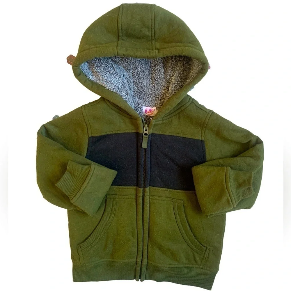 Wonder Nation Black & Green Interlined Hooded Jacket with Sherpa
